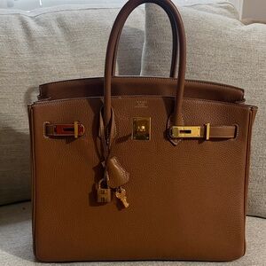 Hermès Birkin-35 Gold Clemence Leather Tote with Gold Hardware. 2011 stamp. COA